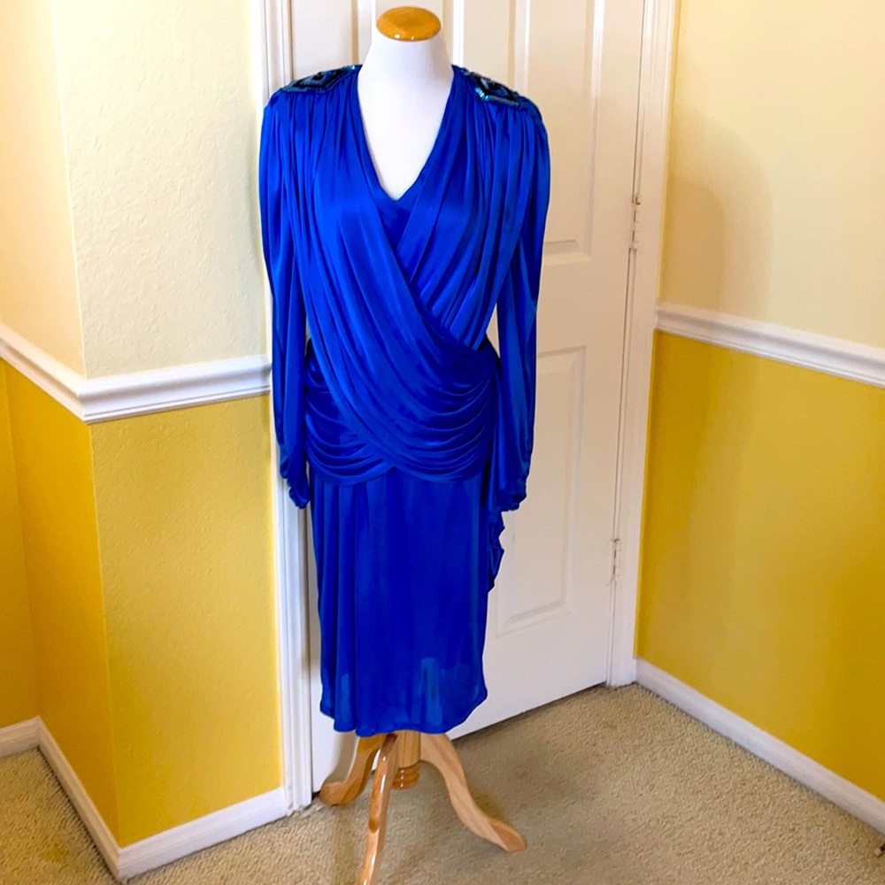 Royal Blue Vintage Glam Long Sleeve Ruched dress